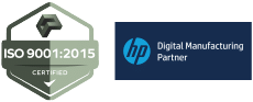 A3D ISO 9001 certification and HP DMP certification badges